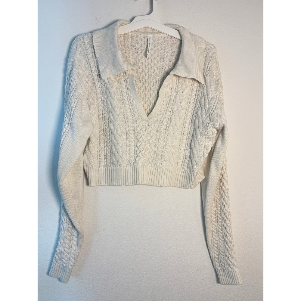 Altar'dโ State Cream Cable Knit Cropped Polo Sweater Ivory V-Neck Womens Medium